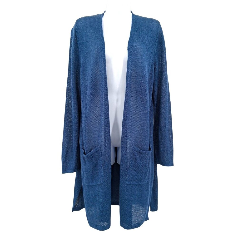 J.Jill Linen Blend Open Front Lightweight Blue Knit Cardigan Size Medium